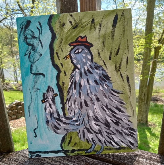 Pigeon Smoking Painting Folk Art Whimsical Decor - Picture 7 of 9